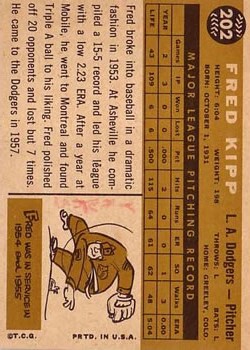 1960 Topps #202 Fred Kipp back image