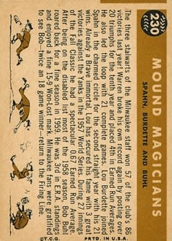 1960 Topps #230 Mound Magicians/Lou Burdette/Warren Spahn/Bob Buhl back image