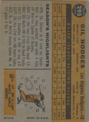 1960 Topps #295 Gil Hodges back image