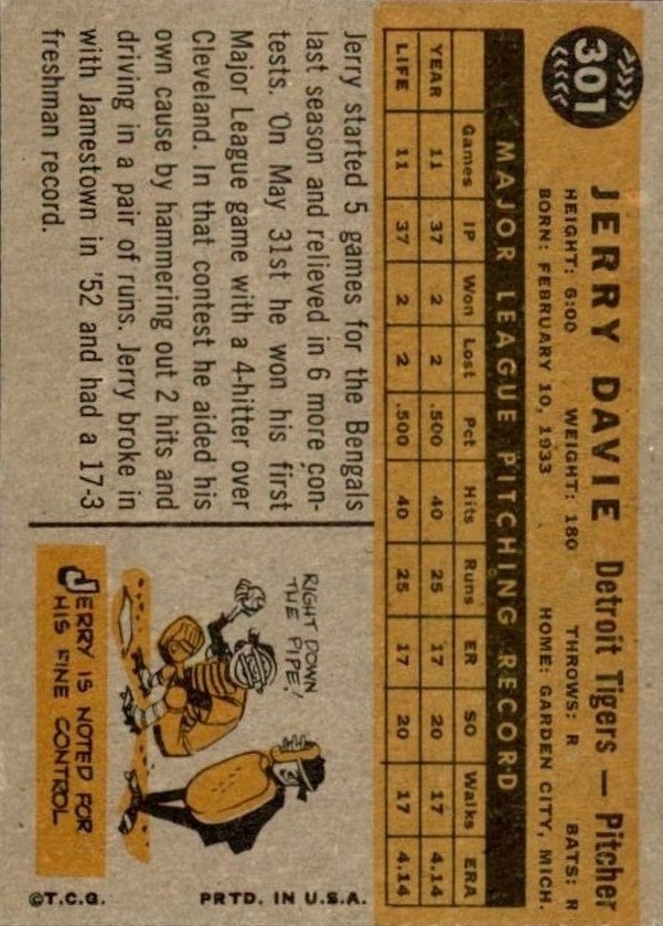 1960 Topps #301 Jerry Davie back image