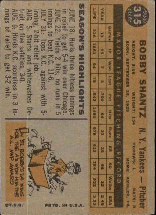 1960 Topps #315 Bobby Shantz back image