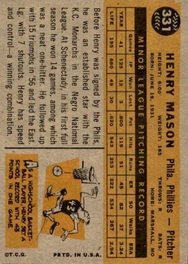 1960 Topps #331 Henry Mason RC back image