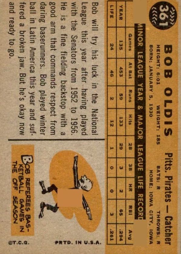 1960 Topps #361 Bob Oldis back image