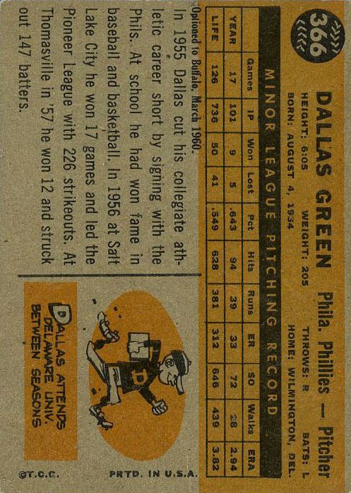 1960 Topps #366 Dallas Green RC back image