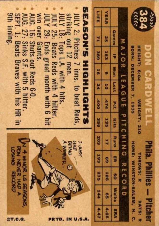 1960 Topps #384 Don Cardwell back image