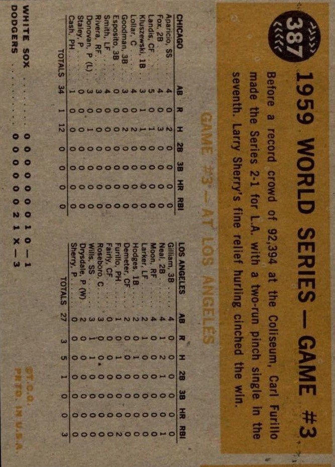 1960 Topps #387 World Series Game 3/Carl Furillo/Breaks Game back image