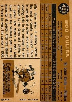 1960 Topps #401 Bob Duliba RC back image