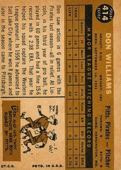 1960 Topps #414 Don Williams RC back image