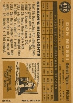 1960 Topps #418 Don Mossi back image