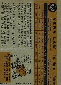 1960 Topps #453 Vern Law back image