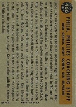 1960 Topps #466 Phillies Coaches/Ken Silvestri/Dick Carter/Andy Cohen back image
