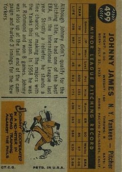 1960 Topps #499 Johnny James RC back image