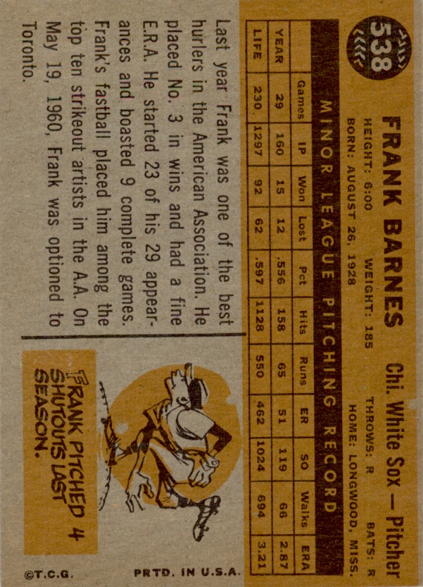1960 Topps #538 Frank Barnes RC back image