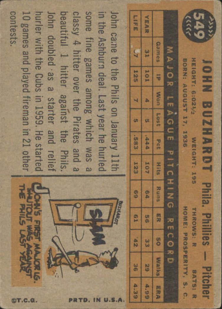 1960 Topps #549 John Buzhardt back image