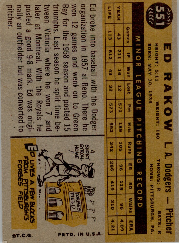 1960 Topps #551 Ed Rakow RC back image