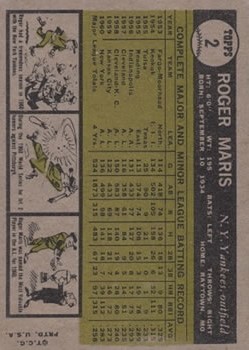 1961 Topps #2 Roger Maris back image