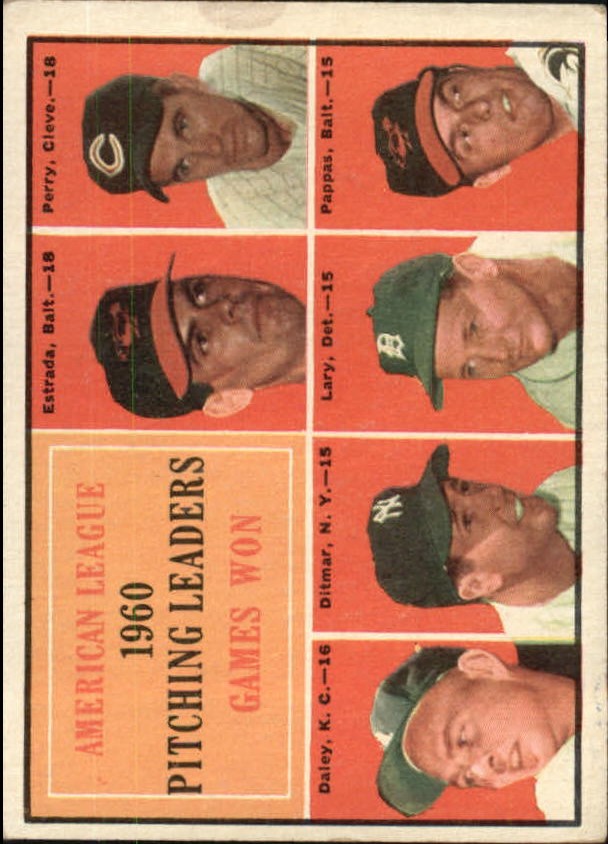 1961 Topps #48 AL Pitching Leaders/Chuck Estrada/Jim Perry UER/Listed as an Oriole/Bud Daley/Art Ditmar/Frank Lary/Milt Pappas