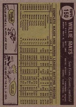 1961 Topps #150 Willie Mays back image