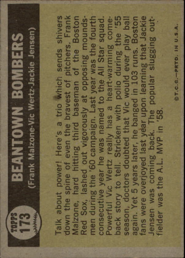 1961 Topps #173 Beantown Bombers/Frank Malzone/Vic Wertz/Jackie Jensen back image