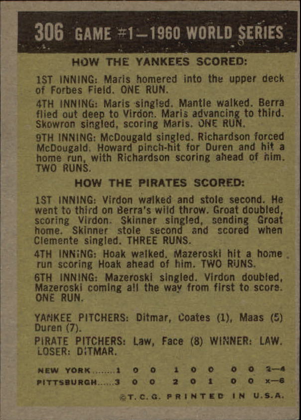 1961 Topps #306 World Series Game 1/Bill Virdon back image