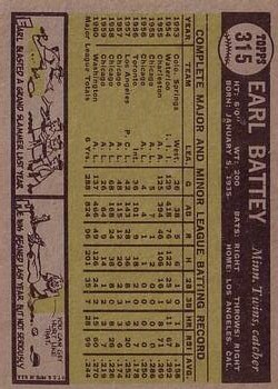 1961 Topps #315 Earl Battey back image