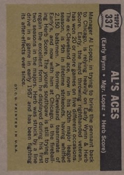 1961 Topps #337 Al's Aces/Early Wynn/Al Lopez/Herb Score back image