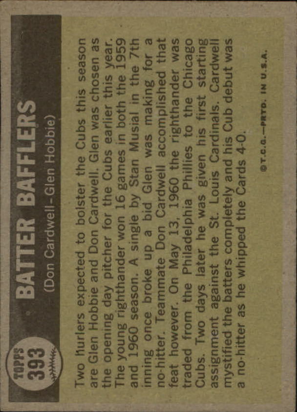 1961 Topps #393 Batter Bafflers/Don Cardwell/Glen Hobbie back image