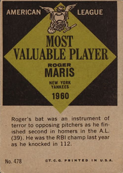 1961 Topps #478 Roger Maris MVP back image