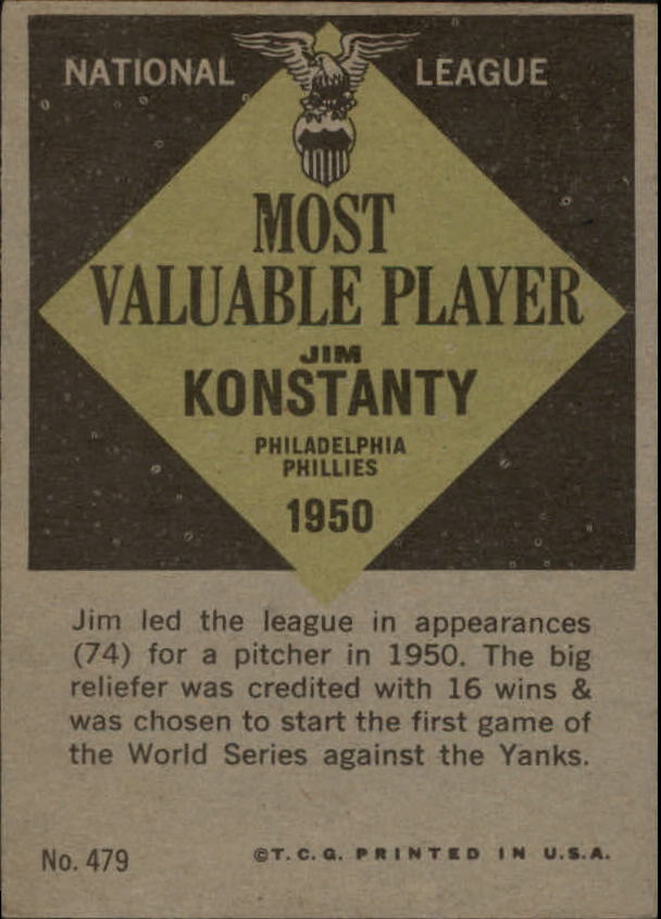 1961 Topps #479 Jim Konstanty MVP back image