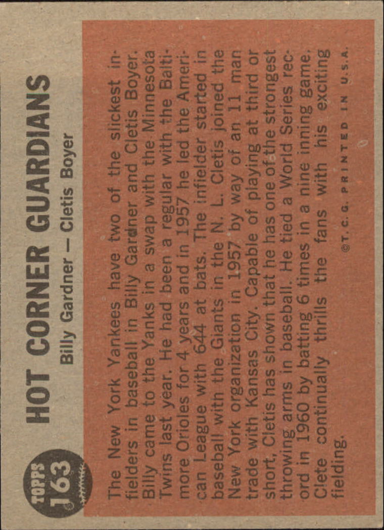 1962 Topps #163 Hot Corner Guard/Billy Gardner/Cletis Boyer back image