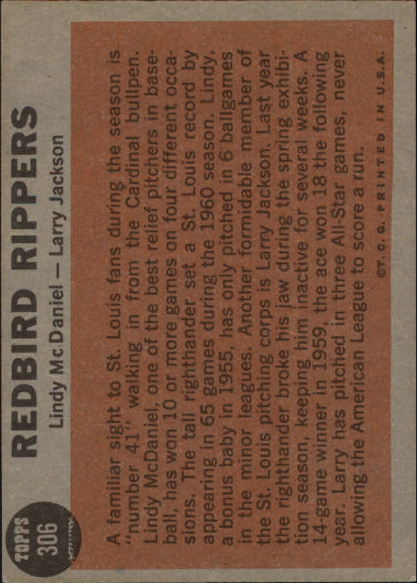 1962 Topps #306 Redbird Rippers/Lindy McDaniel/Larry Jackson back image