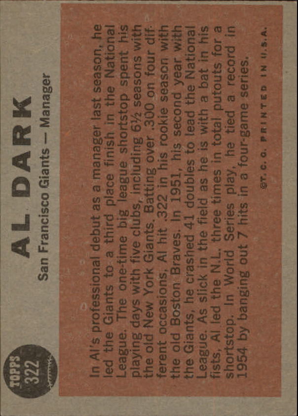 1962 Topps #322 Alvin Dark MG back image