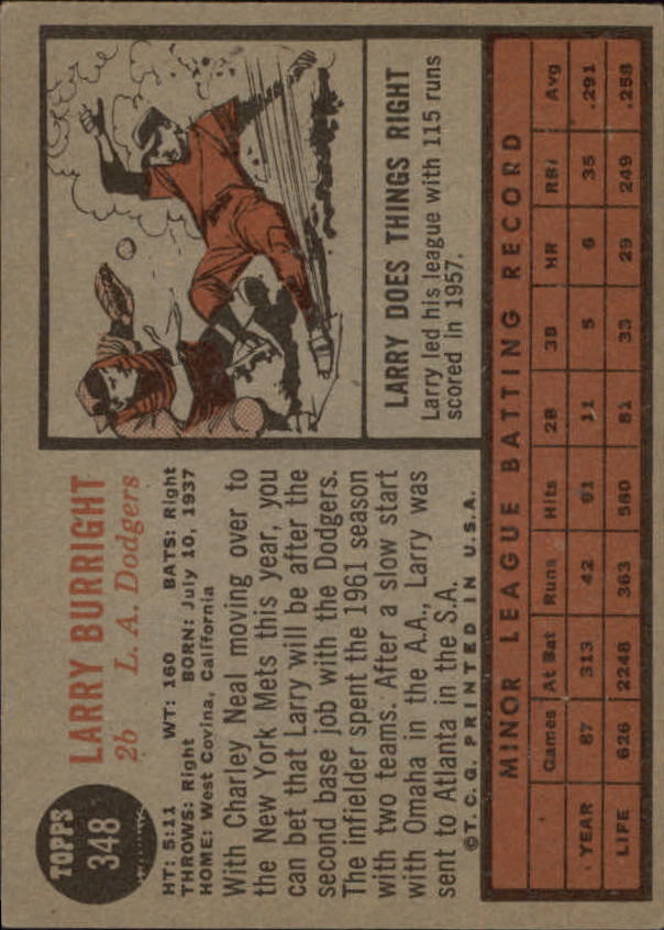 1962 Topps #348 Larry Burright RC back image