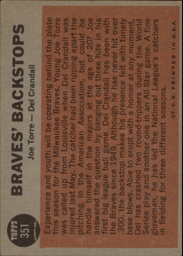 1962 Topps #351 Braves Backstops/Joe Torre/Del Crandall back image