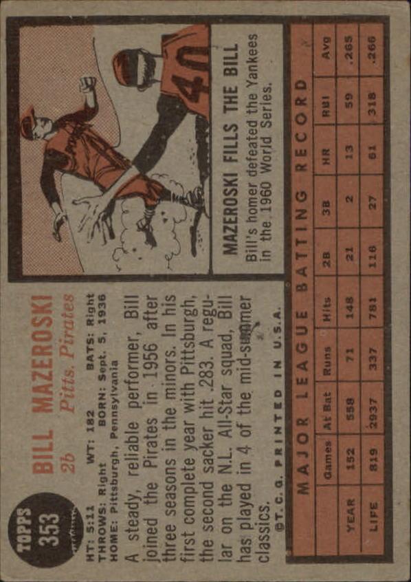 1962 Topps #353 Bill Mazeroski back image