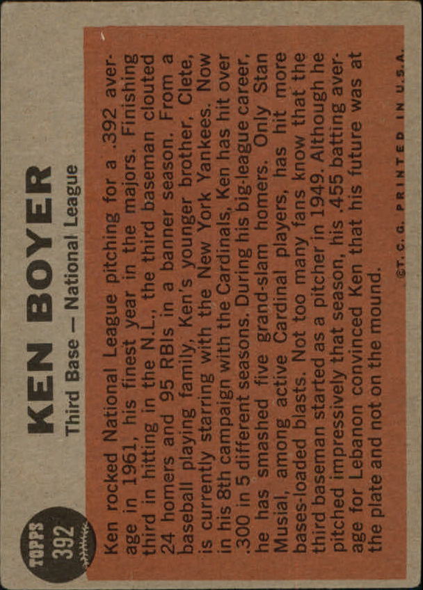 1962 Topps #392 Ken Boyer AS UER/Batting Average mistakenly listed as .392 back image