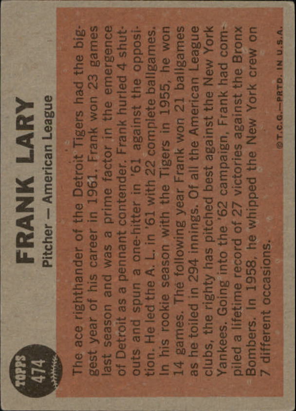 1962 Topps #474 Frank Lary AS back image