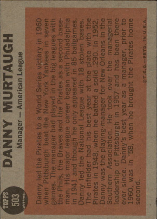1962 Topps #503 Danny Murtaugh MG back image