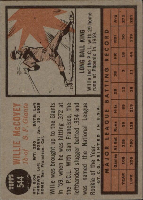 1962 Topps #544 Willie McCovey SP back image