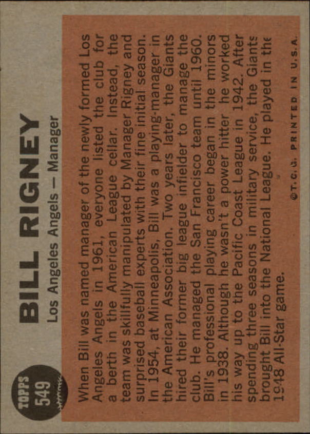 1962 Topps #549 Bill Rigney MG SP back image