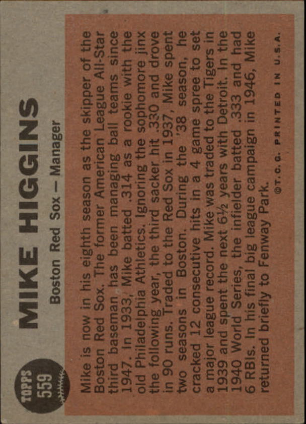 1962 Topps #559 Mike Higgins MG back image