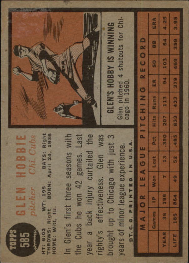 1962 Topps #585 Glen Hobbie SP back image