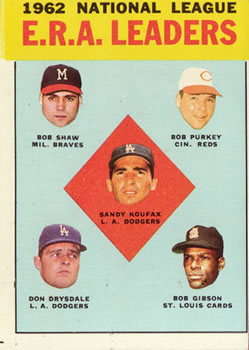 1963 Topps #5 NL ERA Leaders/Sandy Koufax/Bob Shaw/Bob Purkey/Bob Gibson/Don Drysdale
