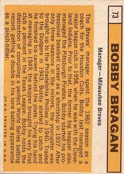 1963 Topps #73 Bobby Bragan MG RC back image