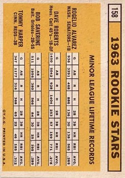 1963 Topps #158 Rookie Stars/Rogelio Alvares RC/Dave Roberts RC/Tommy Harper RC/Bob Saverine RC back image