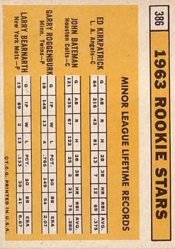 1963 Topps #386 Rookie Stars/Ed Kirkpatrick RC/John Bateman RC /Larry Bearnarth RC/Garry Roggenburk RC back image