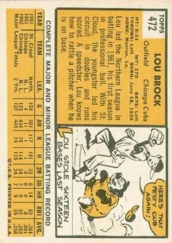 1963 Topps #472 Lou Brock back image