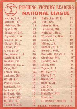 1964 Topps #3 NL Pitching Leaders/Sandy Koufax/Juan Marichal/Warren Spahn/Jim Maloney back image