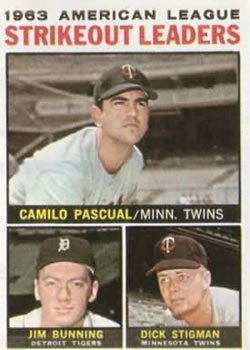 1964 Topps #6 AL Strikeout Leaders/Camilo Pascual/Jim Bunning/Dick Stigman
