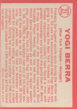 1964 Topps #21 Yogi Berra MG back image